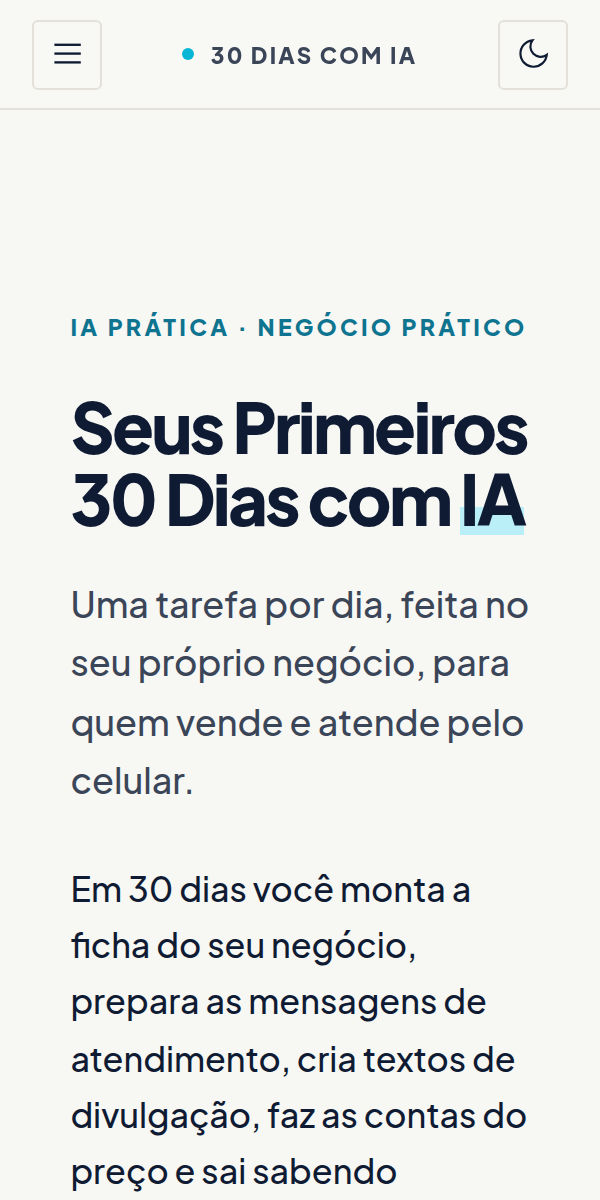 Capa da obra Seus Primeiros 30 Dias com IA, aberta no celular