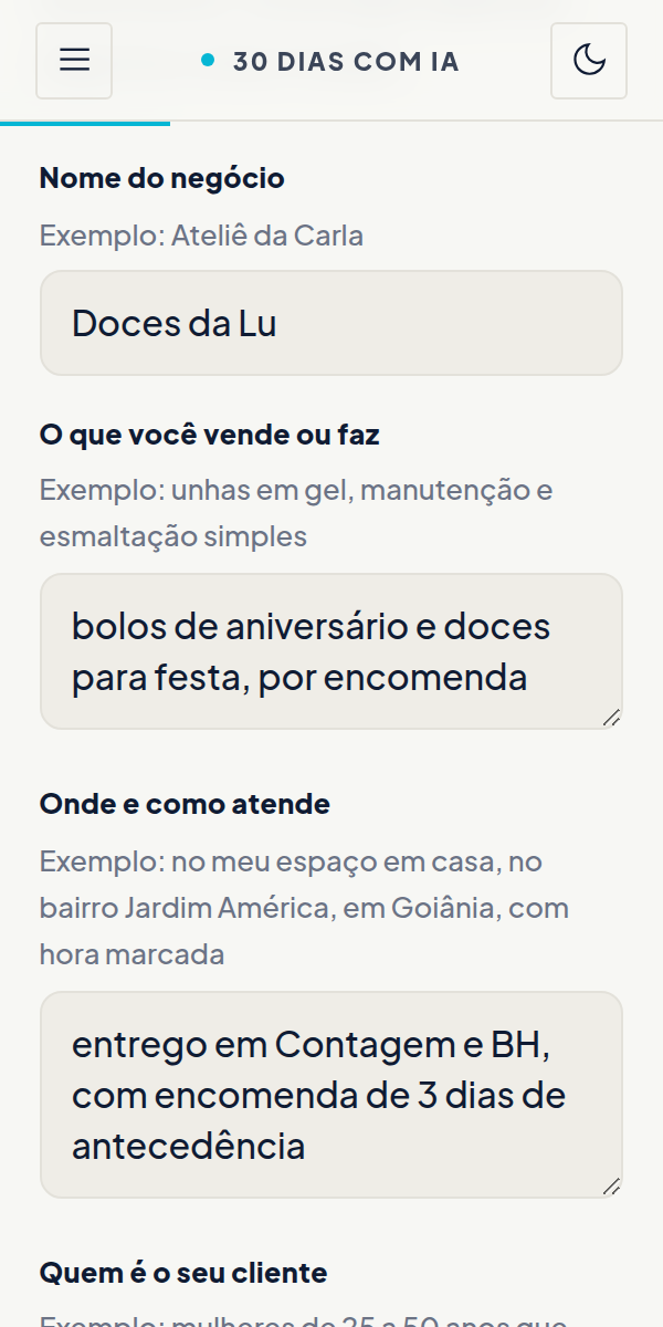 A ficha do negócio, com nome, o que vende e onde atende