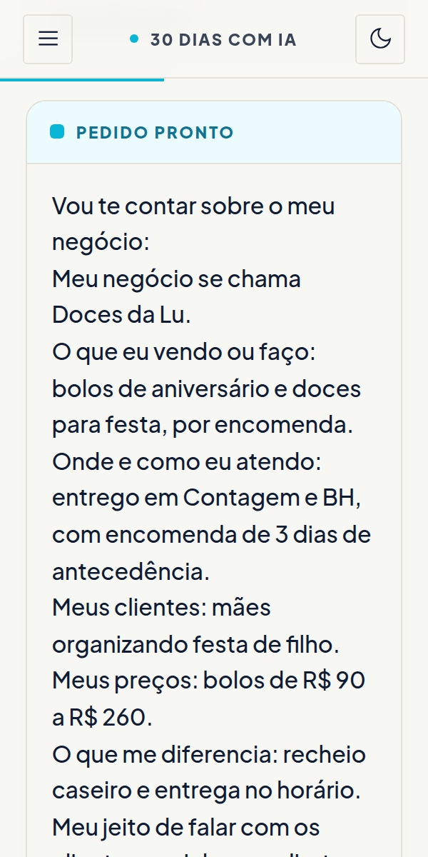 Pedido pronto já preenchido com as informações do negócio