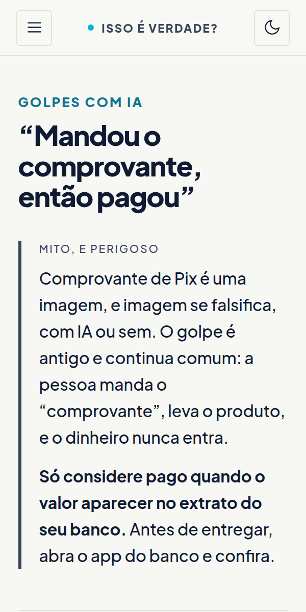 Página sobre o golpe do comprovante de Pix falso